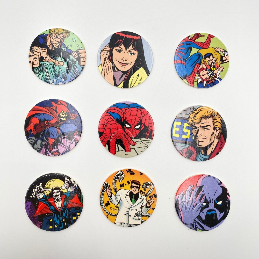 Vintage 1994 Marvel‎ Spider-Man Pogs Milkcaps Lot of 9 Comic Super Hero